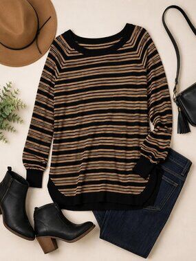 Women’s Black & Tan Striped Lightweight Knit Tunic Sweater Top